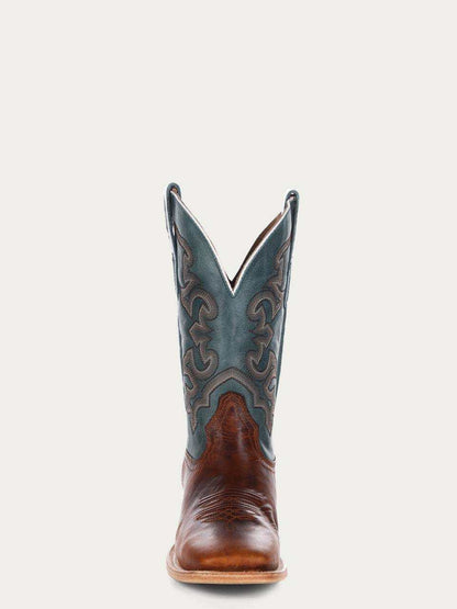 Men's Corral Honey Leather Boots featuring a honey leather foot with a blue embroidered shaft and wide square toe