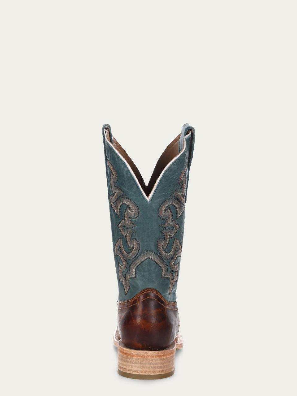 Men's Corral Honey Leather Boots featuring honey-colored leather foot with blue embroidered shaft and pull-on straps