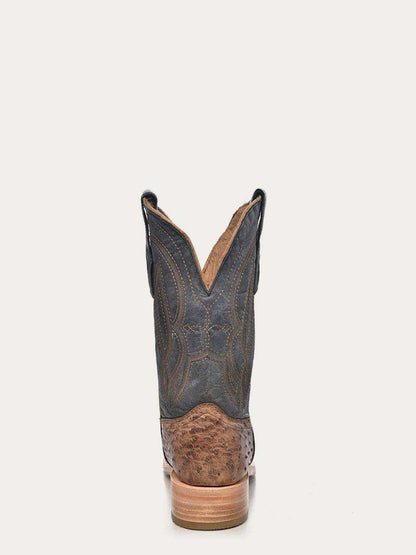 Men's Corral Navy Blue Genuine Full Quill Ostrich Boots in dark navy quill leather with brown embroidered shaft and stacked heel