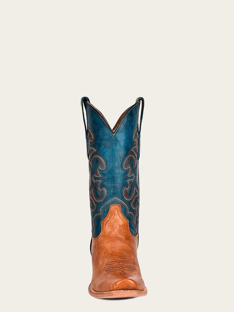Men's Corral Sand genuine leather boots with a sand foot, blue embroidered shaft, dual pull-on straps, and narrow square toe