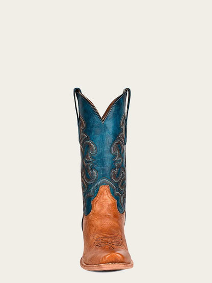 Men's Corral Sand genuine leather boots with a sand foot, blue embroidered shaft, dual pull-on straps, and narrow square toe