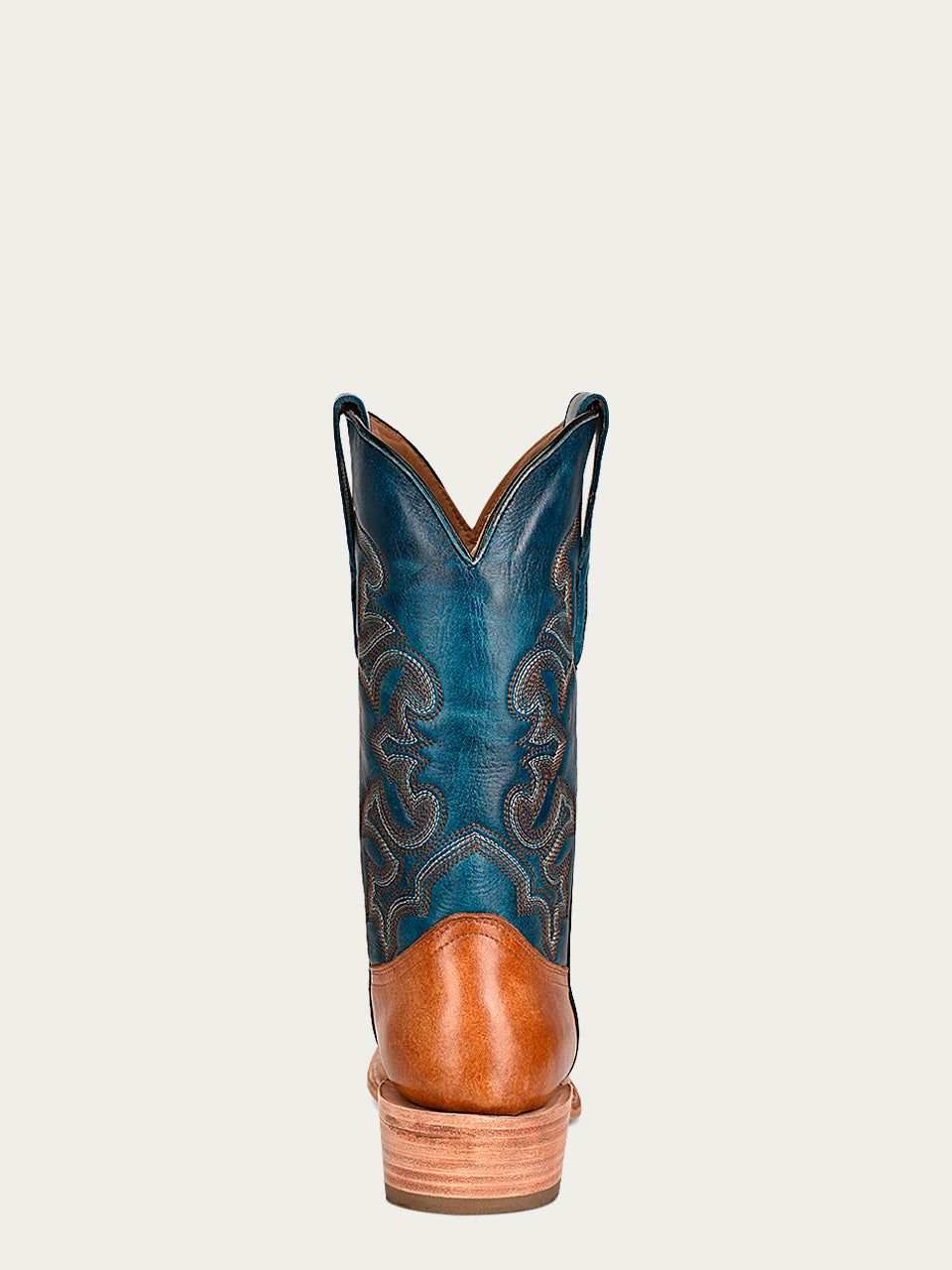Men's Corral Sand genuine leather cowboy boot with sand-colored foot and blue embroidered shaft featuring dual pull-on straps