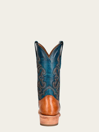 Men's Corral Sand genuine leather cowboy boot with sand-colored foot and blue embroidered shaft featuring dual pull-on straps