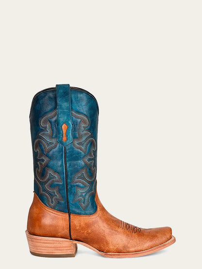 Men's Corral Sand two-tone leather boots featuring sand foot, blue shaft with intricate western embroidery and dual pull-on straps