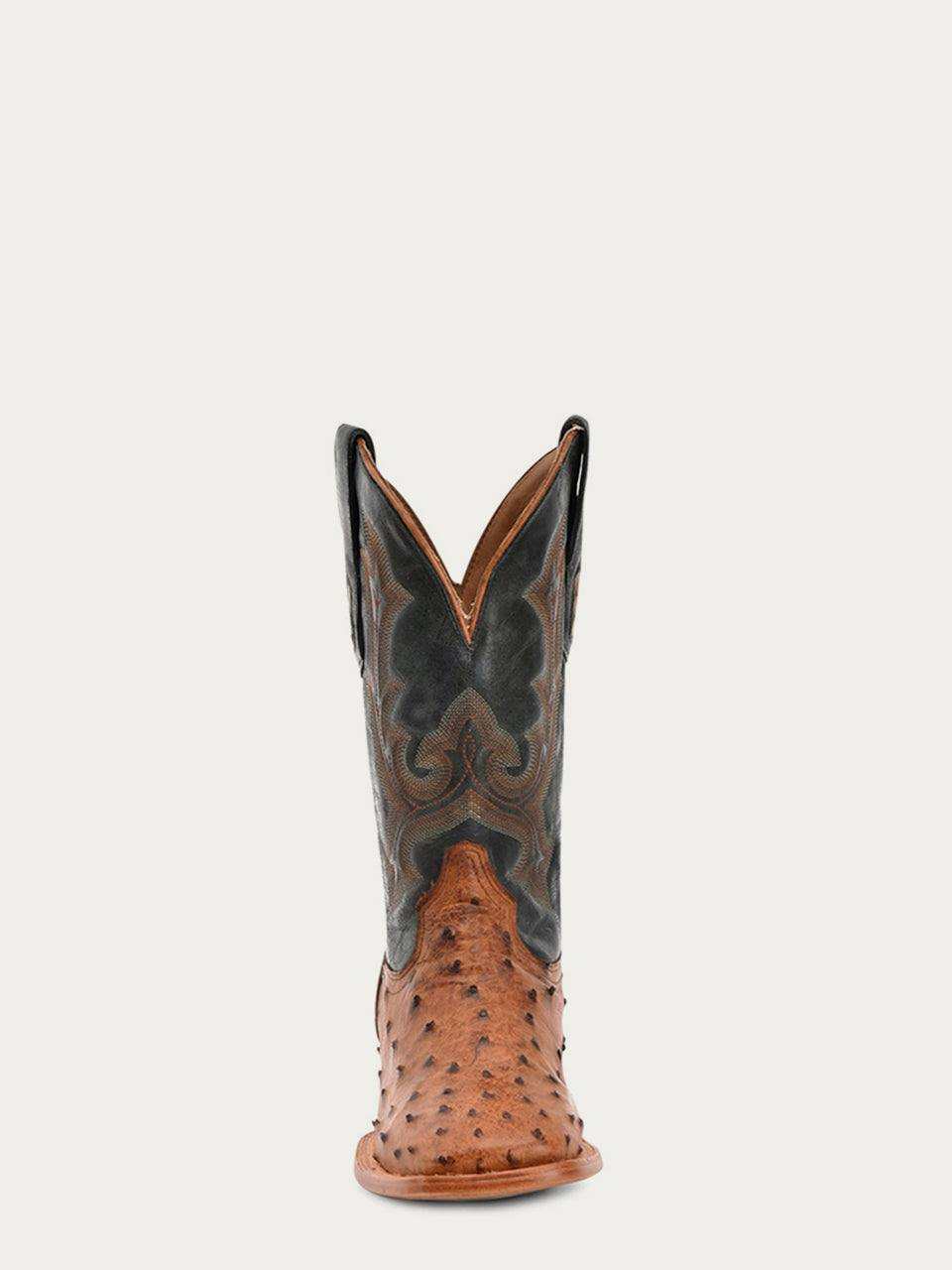 Men's Corral Tan Boots featuring a full quill ostrich vamp in tan and an olive green cowhide shaft with intricate Western embroidery