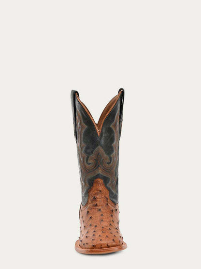 Men's Corral Tan Boots featuring a full quill ostrich vamp in tan and an olive green cowhide shaft with intricate Western embroidery