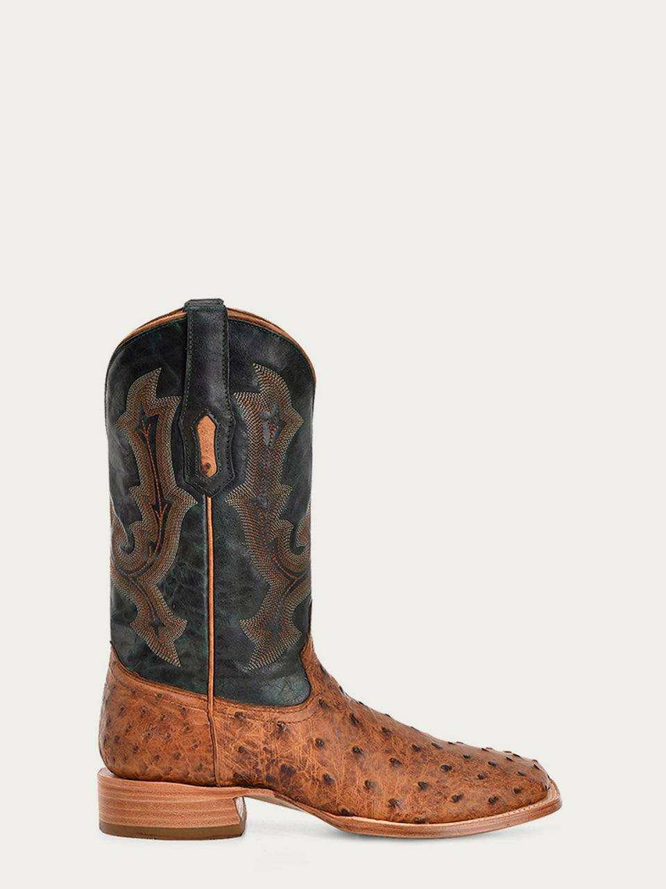 Men's Corral Tan Boots in tan ostrich leather vamp and counter with black embroidered cowhide shaft and pull-on straps
