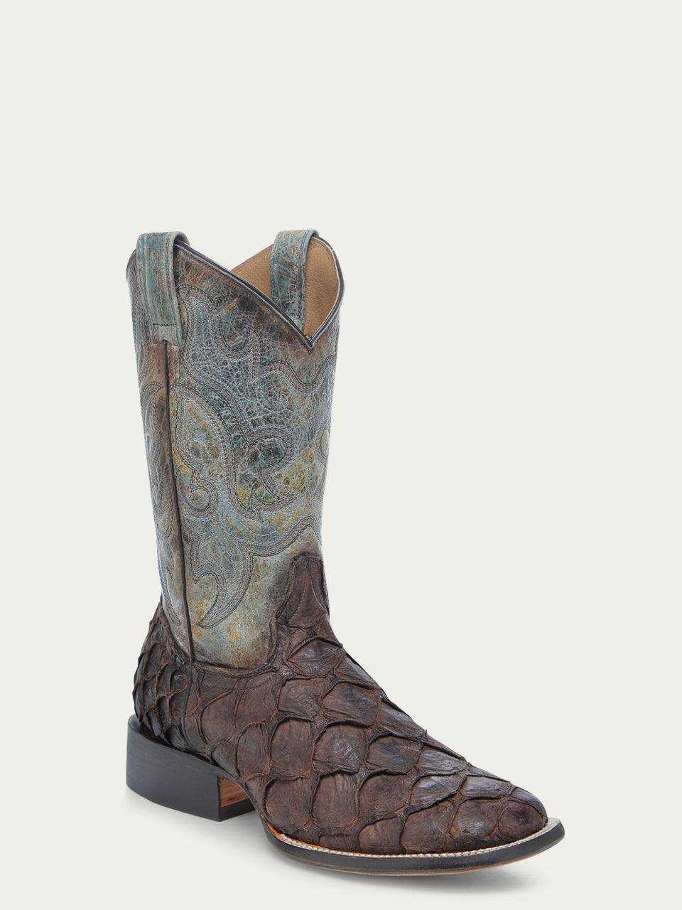 Men's Corral Tobacco cowboy boot with tobacco genuine pirarucu fish foot and faded turquoise embroidered shaft