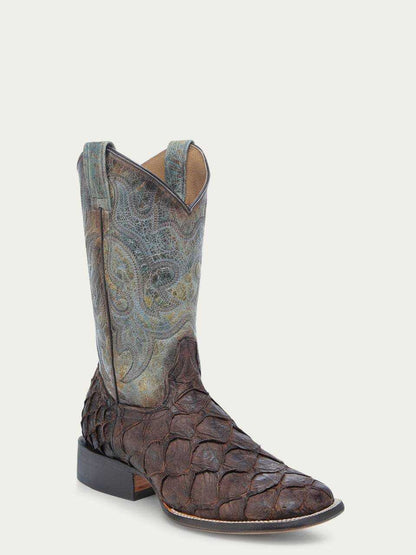 Men's Corral Tobacco cowboy boot with tobacco genuine pirarucu fish foot and faded turquoise embroidered shaft