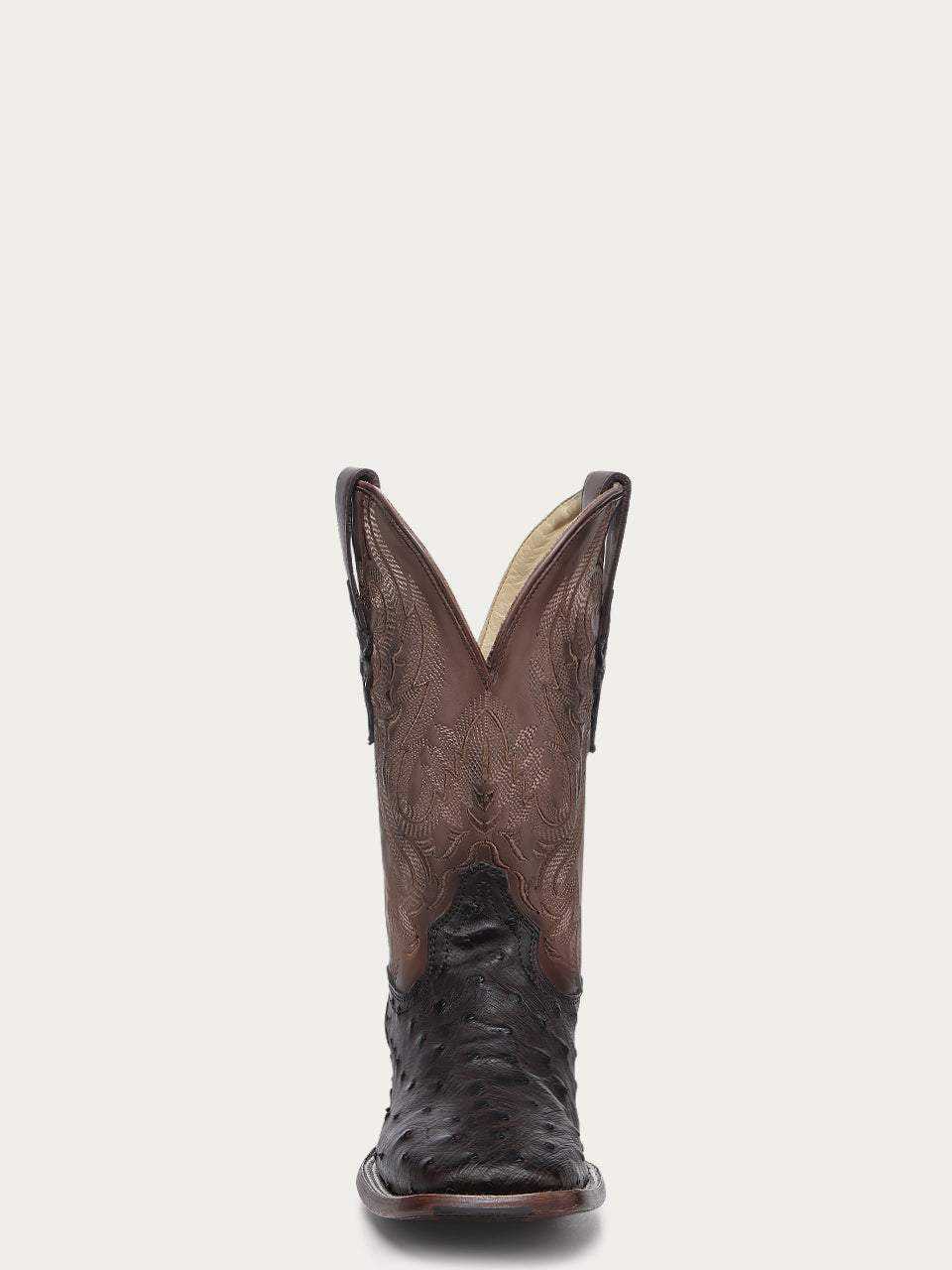 Men's Corral Tobacco Genuine Full Quill Ostrich Boots with Embroidery in brown leather featuring wide square toe and detailed shaft embroidery