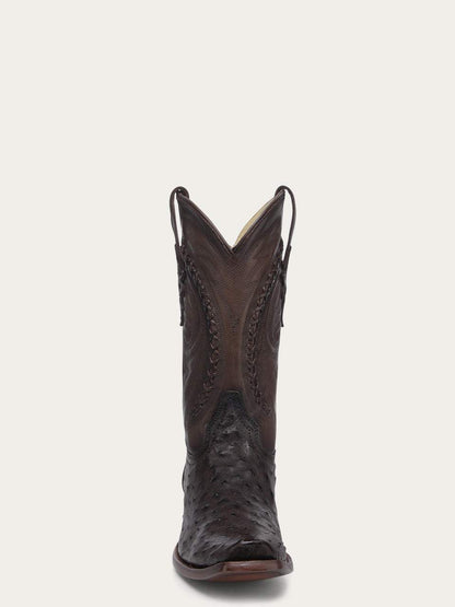 Men's Corral Tobacco Genuine Full Quill Ostrich Boots with Embroidery featuring tobacco brown full quill ostrich leather, handwoven and embroidered 12-inch shaft, narrow square toe, and pull-on straps