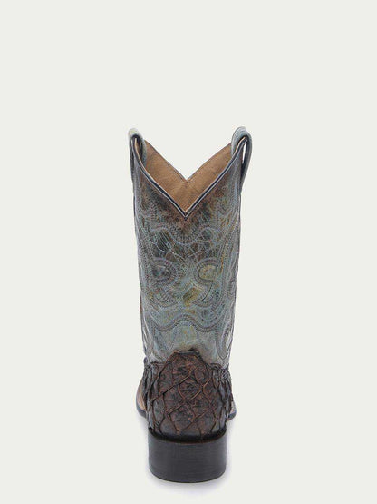 Men's Corral Tobacco genuine pirarucu fish boots with wide square toe, faded turquoise embroidered shaft, and pull-on straps