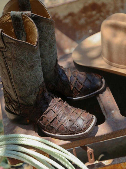 Men's Corral Tobacco genuine pirarucu fish boots with tobacco textured vamp and faded turquoise embroidered shaft