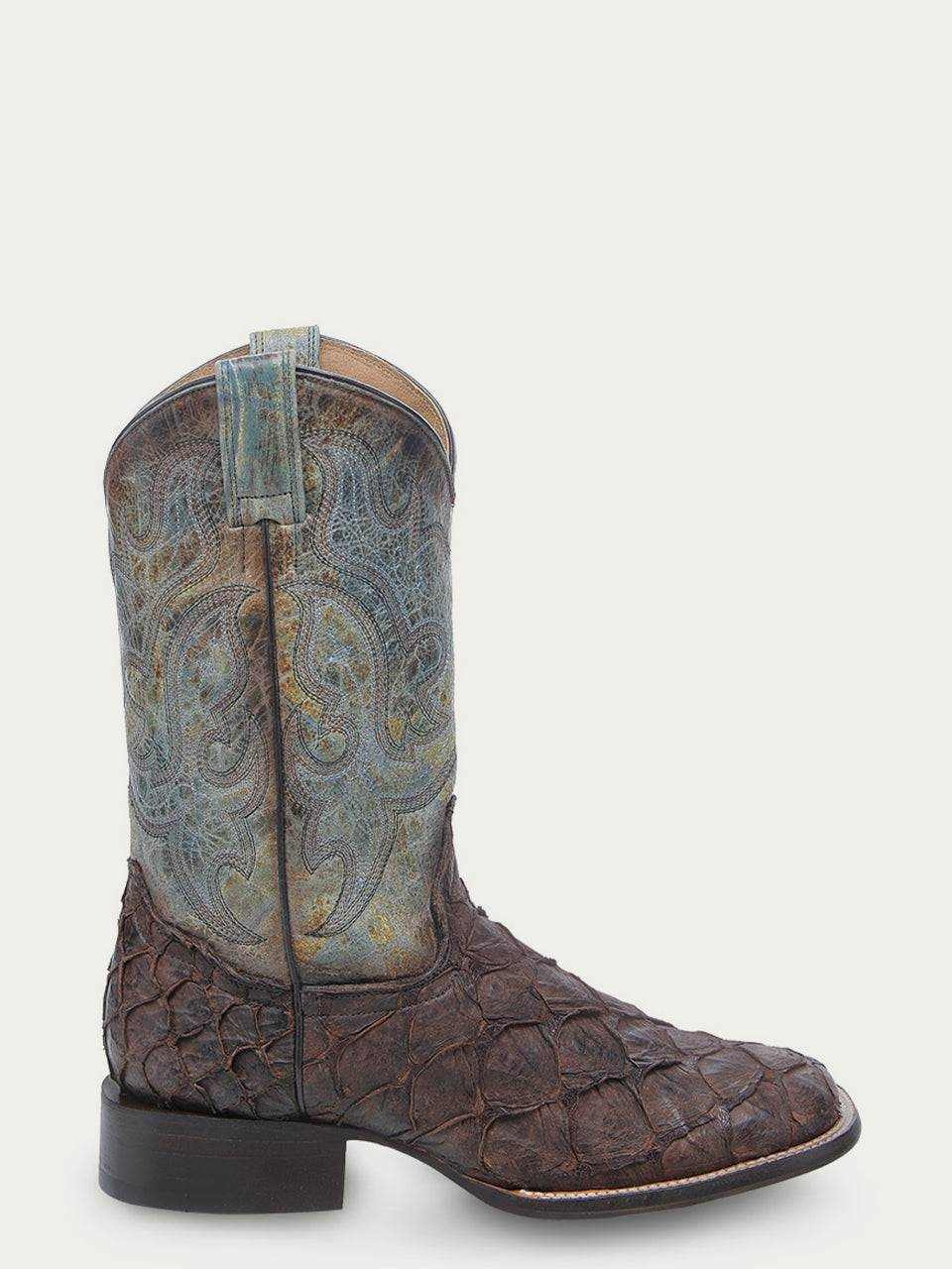 Men's Corral Tobacco boots featuring genuine pirarucu fish leather foot in tobacco brown and faded turquoise embroidered shaft