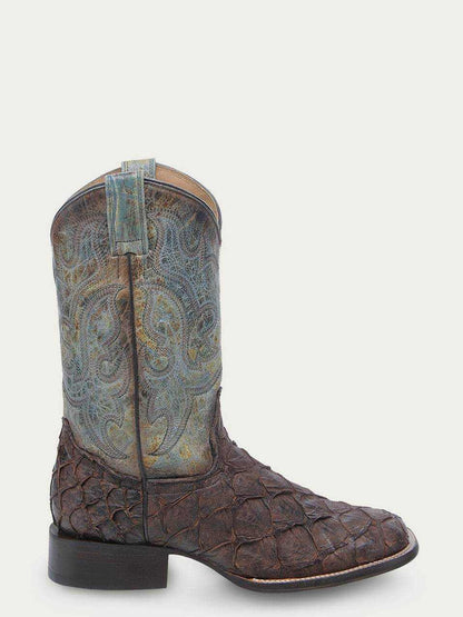 Men's Corral Tobacco boots featuring genuine pirarucu fish leather foot in tobacco brown and faded turquoise embroidered shaft