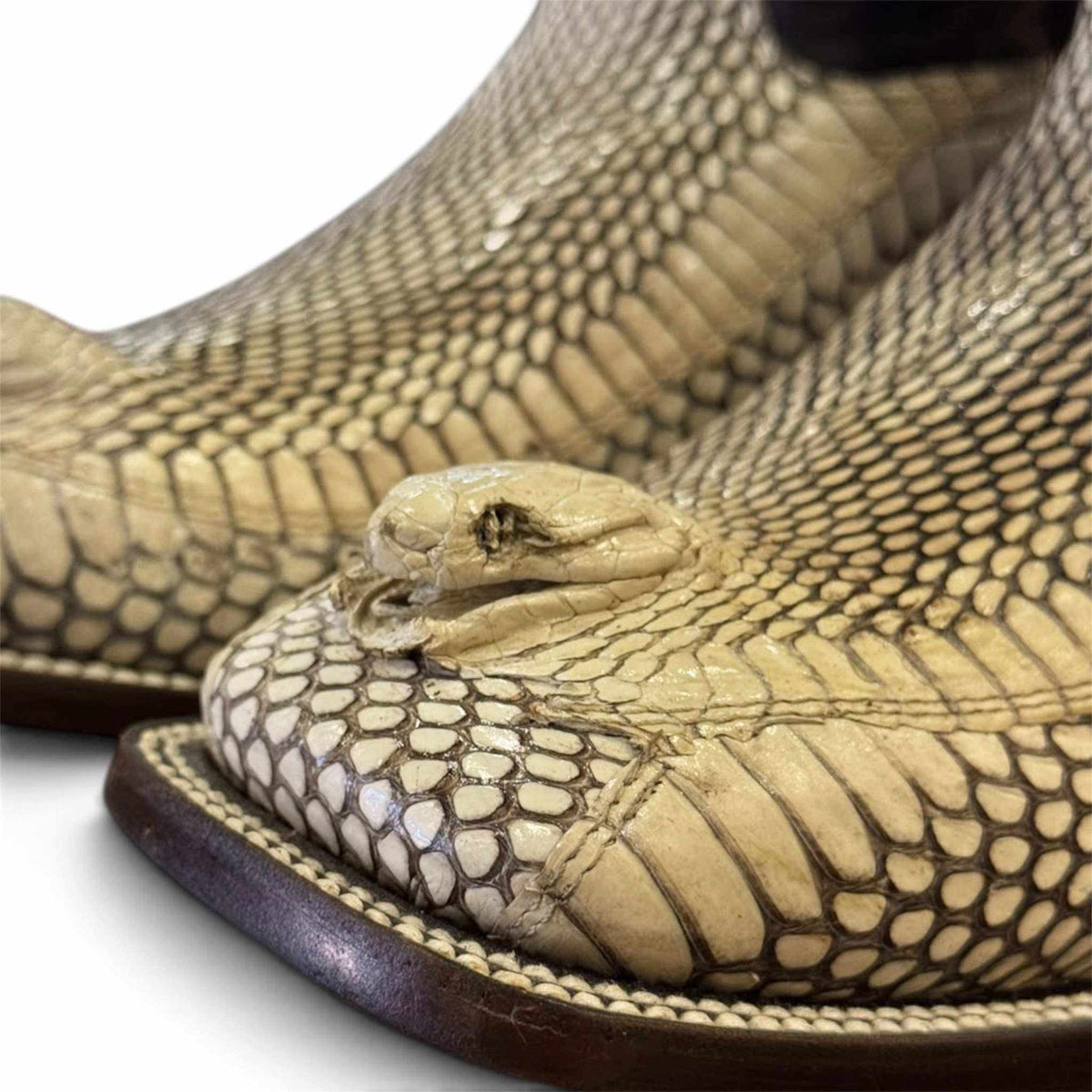 Men's El Malcreado Natural Genuine Cobra Head Boots in natural tan with genuine cobra head skin vamp and detailed scale pattern