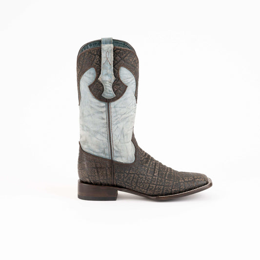 Men's Ferrini Acero Elephant PRINT Boots in dark brown textured leather with a pale blue shaft, stitched pull tabs and square toe