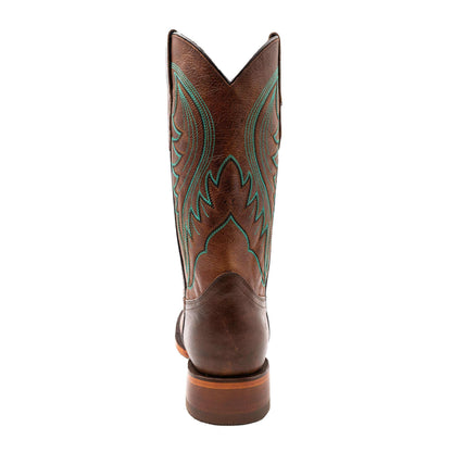 Men's Ferrini Beau Leather Boots in dark brown leather with turquoise stitched decorative shaft pattern and stacked block heel