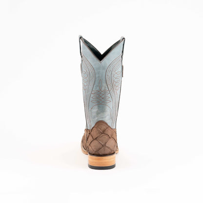 Men's Ferrini Boots in brown leather with a textured pirarucu-print shaft, tall embroidered light blue shaft and stacked heel