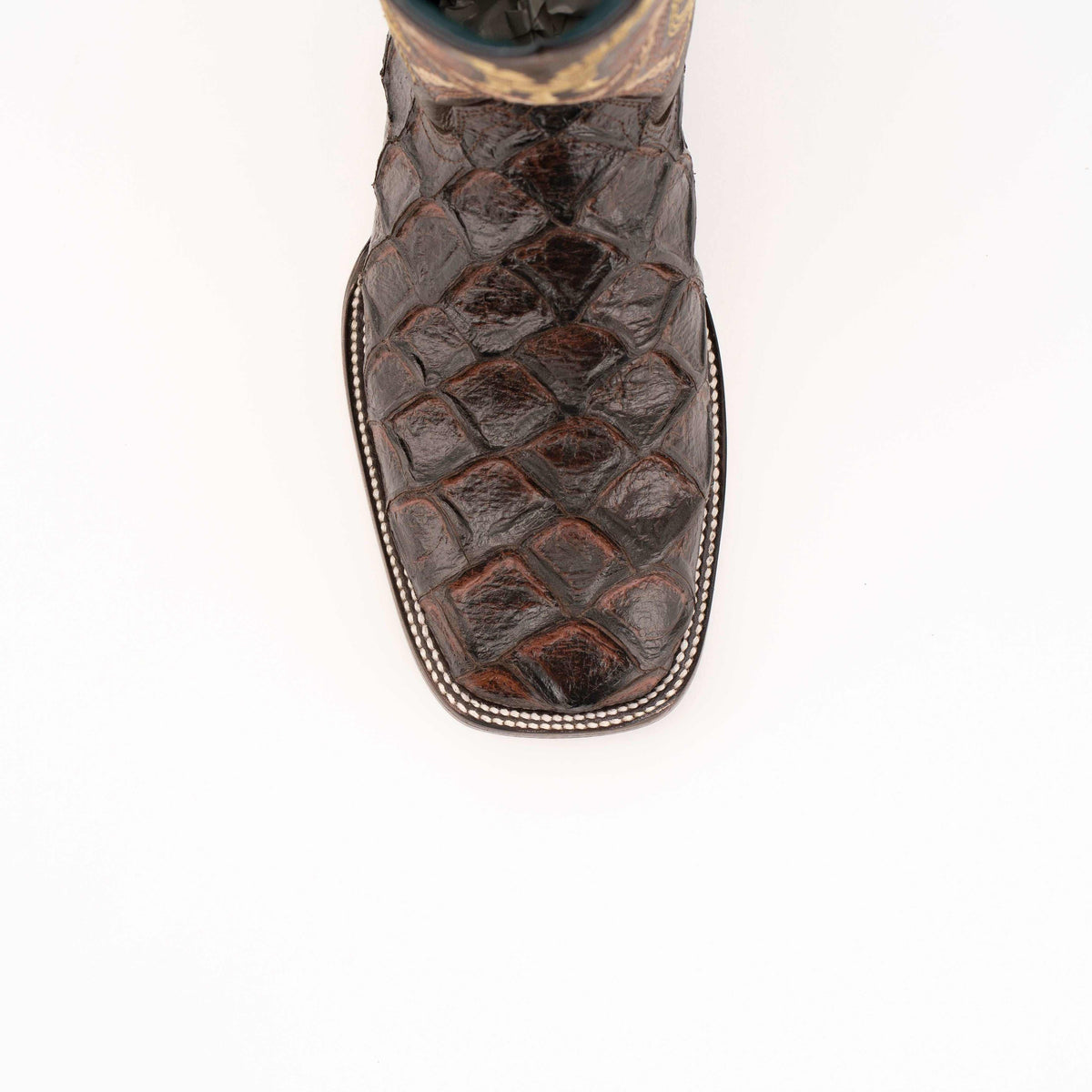 Men's Ferrini Boots in chocolate brown leather with a textured Pirarucu print vamp, square toe and stitched trim