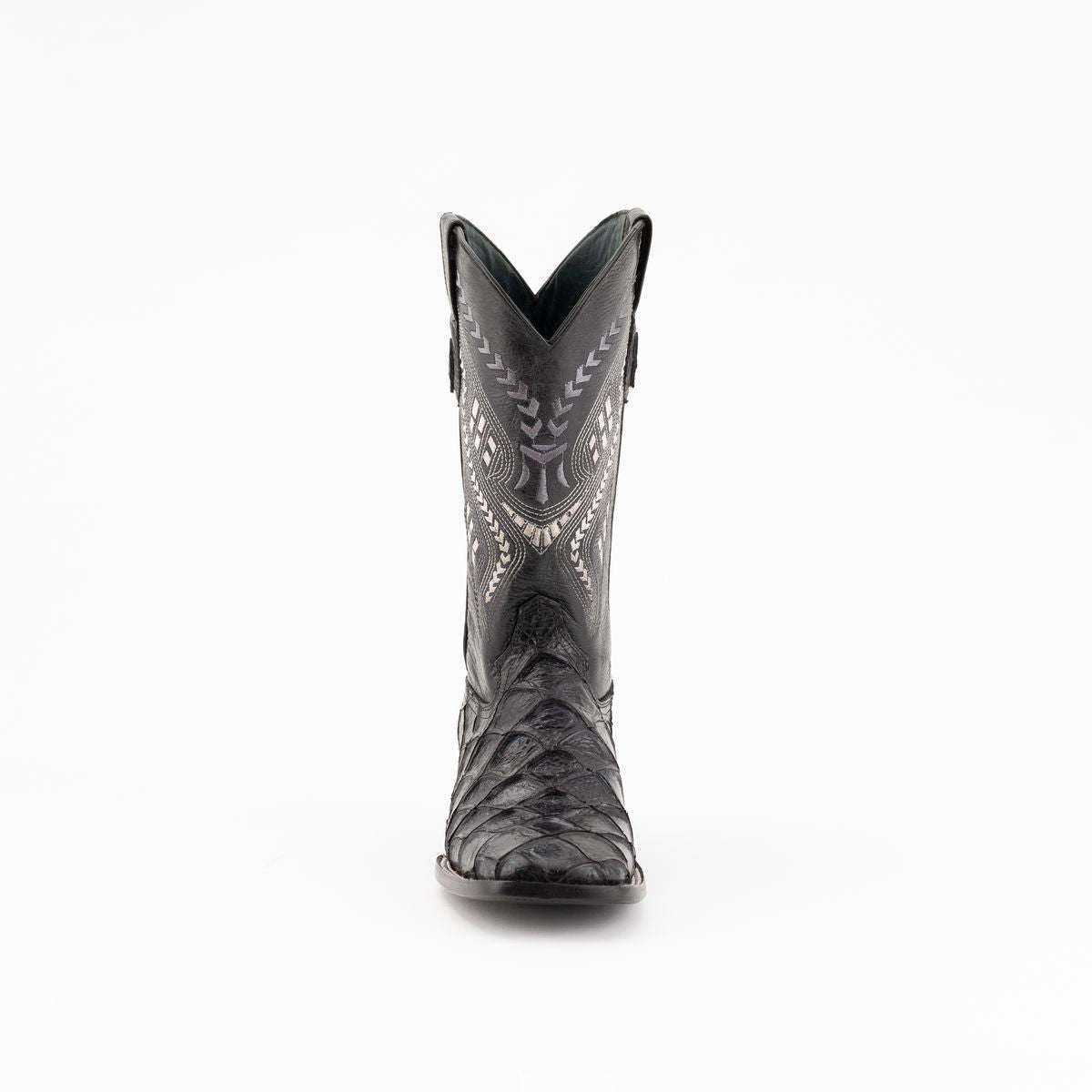 Men's Ferrini Bronco Pirarucu Print Boots in black, featuring textured vamp scales and contrasting white stitched shaft patterns