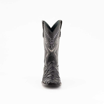 Men's Ferrini Bronco Pirarucu Print Boots in black, featuring textured vamp scales and contrasting white stitched shaft patterns