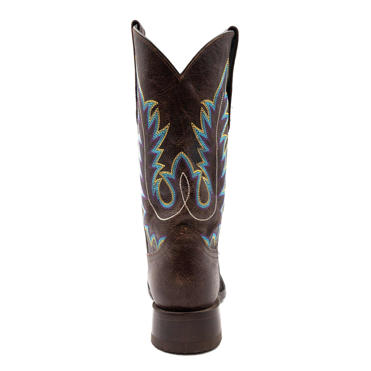 Men's Ferrini Chase Leather Boots in chocolate brown leather with colorful blue and tan shaft embroidery and a block heel