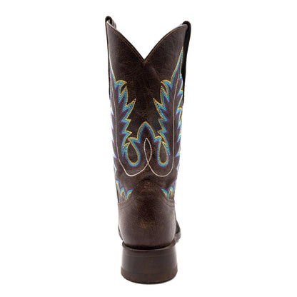 Men's Ferrini Chase Leather Boots in chocolate brown leather with colorful blue and tan shaft embroidery and a block heel