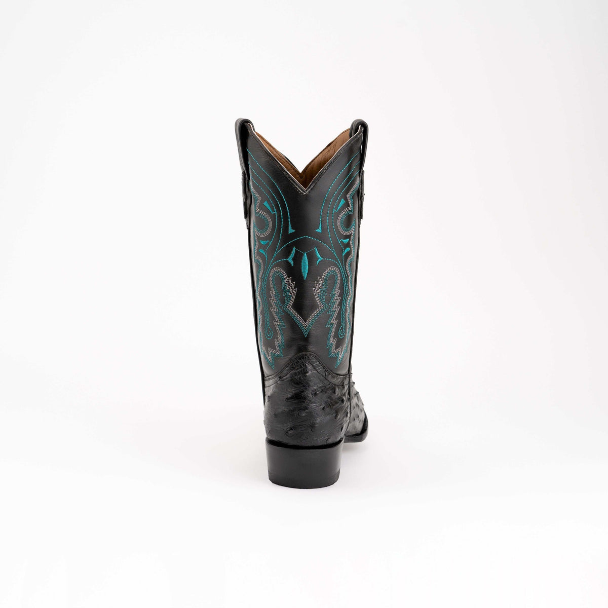 Men's Ferrini Colt black ostrich leather cowboy boot with turquoise stitching, pointed heel and decorative shaft
