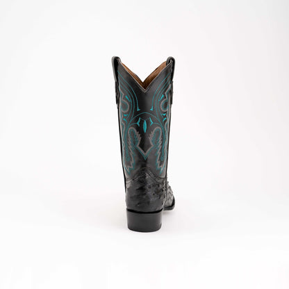 Men's Ferrini Colt black ostrich leather cowboy boot with turquoise stitching, pointed heel and decorative shaft