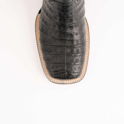 Men's Ferrini Dakota boot toe in black caiman belly leather with distinctive rectangular scale pattern and stitched edge