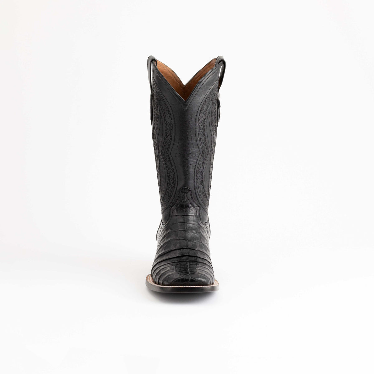 Men's Ferrini Dakota black leather cowboy boot with caiman belly vamp, embossed stitching, pointed toe and tall shaft