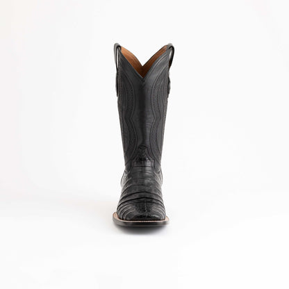Men's Ferrini Dakota black leather cowboy boot with caiman belly vamp, embossed stitching, pointed toe and tall shaft