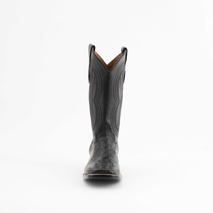 Men's Ferrini Dakota cowboy boot in black caiman hornback leather, showing a textured vamp and pointed toe