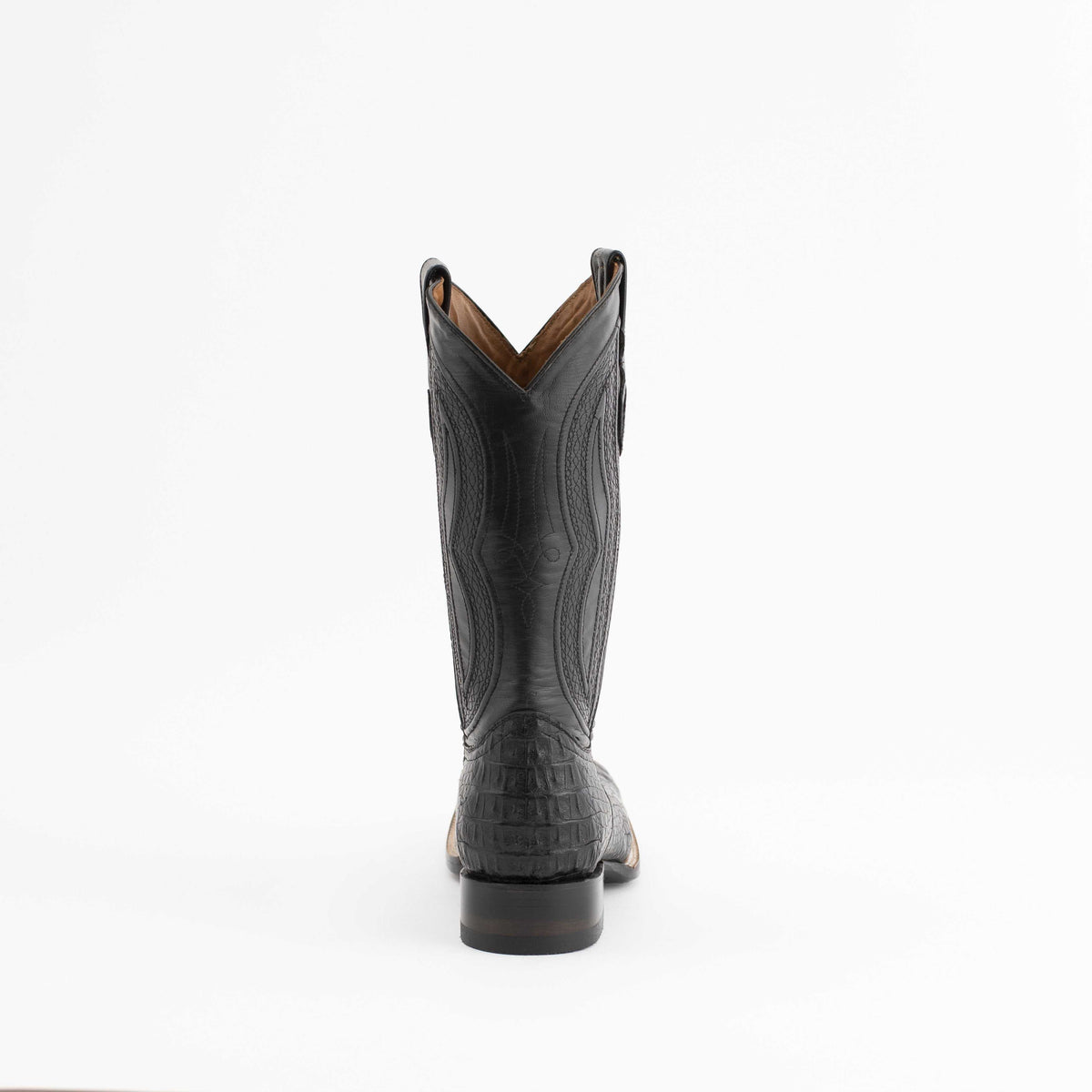 Men's Ferrini Dakota black leather cowboy boot featuring a textured caiman hornback shaft, stitched detailing and block heel
