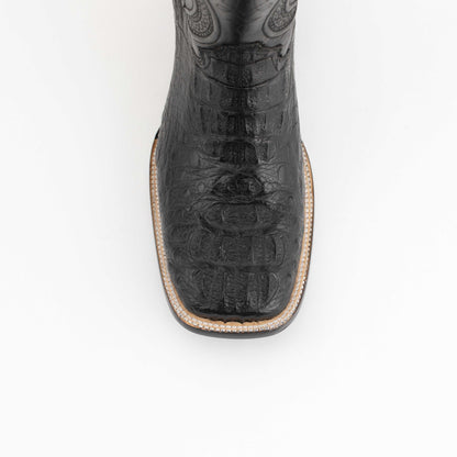 Men's Ferrini Dakota black leather boot with textured caiman hornback vamp, square toe and decorative stitched sole