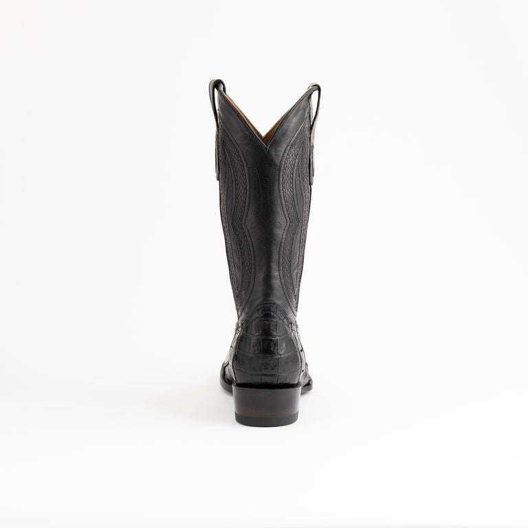 Men's Ferrini Dakota Caiman Belly Boots in black leather, showing textured caiman belly vamp and stitched tall shaft