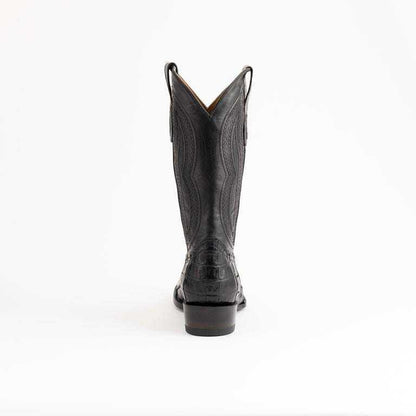 Men's Ferrini Dakota Caiman Belly Boots in black leather, showing textured caiman belly vamp and stitched tall shaft