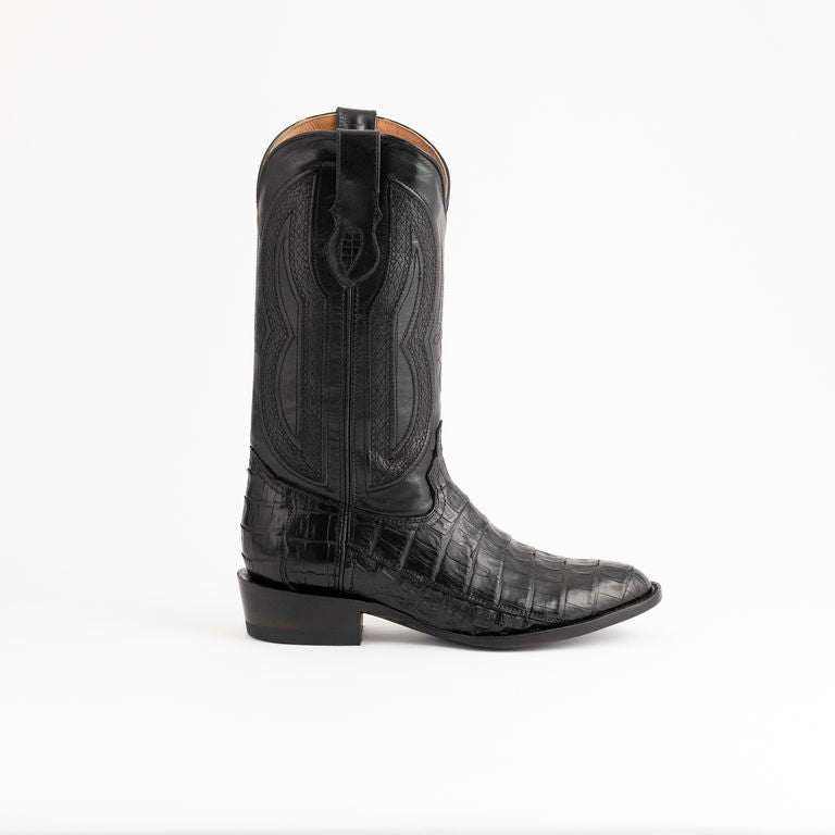 Men's Ferrini Dakota Caiman Belly Boots in black leather with glossy patterned vamp, embroidered shaft, and medium rounded toe
