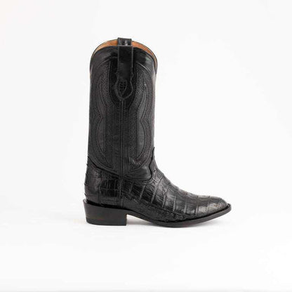 Men's Ferrini Dakota Caiman Belly Boots in black leather with glossy patterned vamp, embroidered shaft, and medium rounded toe