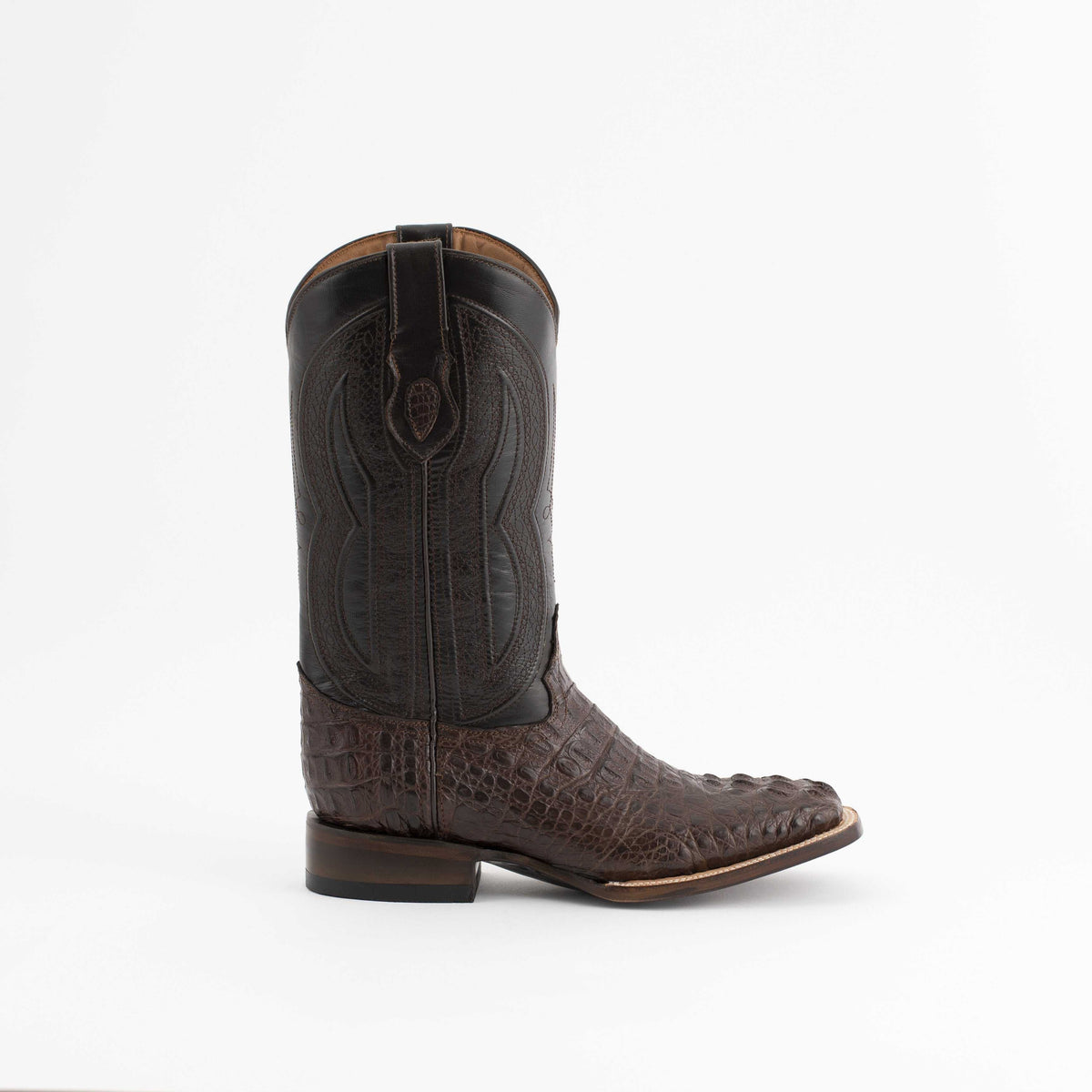 Men's Ferrini Dakota Caiman Hornback Boots in dark chocolate leather with textured hornback vamp and embroidered shaft.