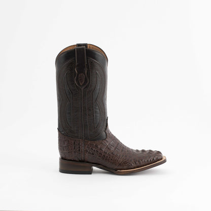Men's Ferrini Dakota Caiman Hornback Boots in dark chocolate leather with textured hornback vamp and embroidered shaft.