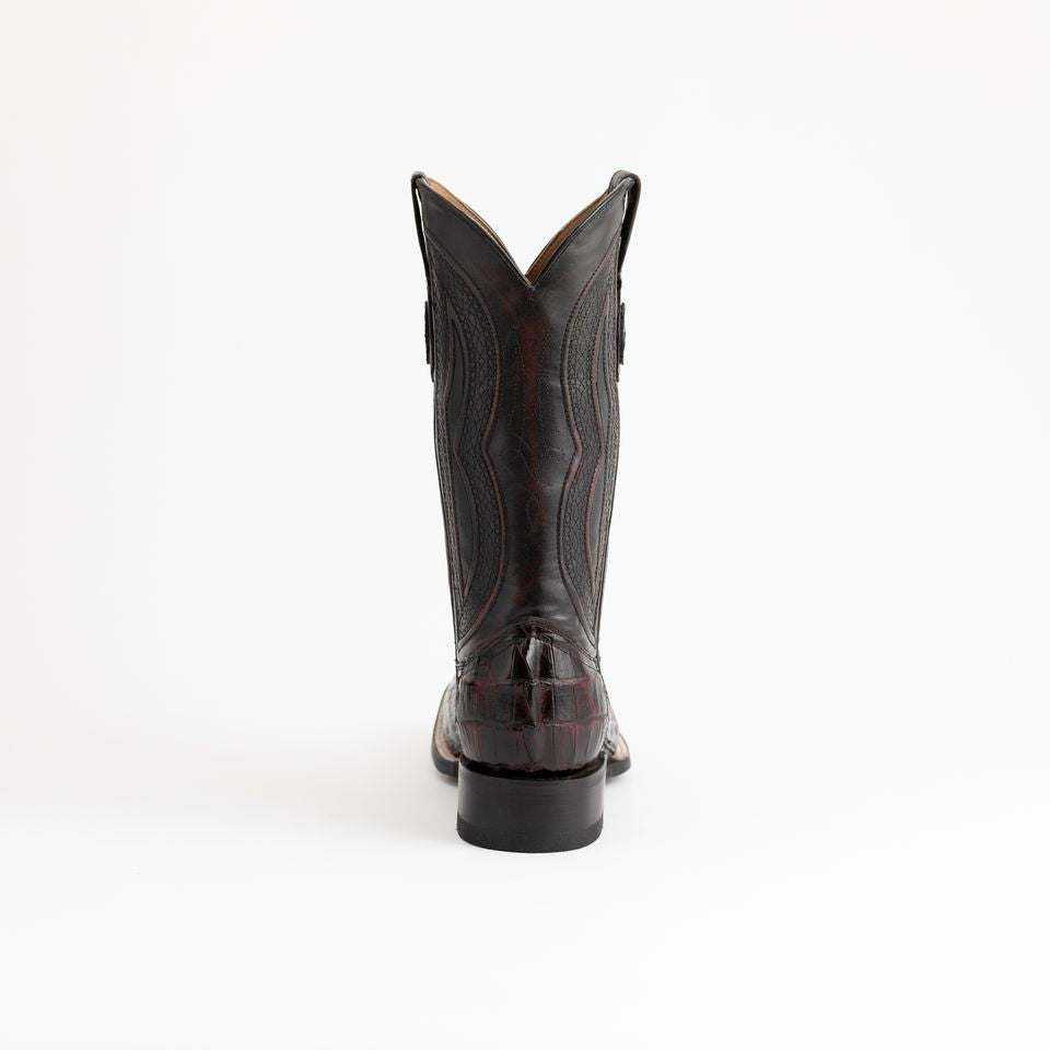 Men's Ferrini Dakota Caiman Hornback Boots in dark cherry-brown leather with textured caiman scales and stitched pull tabs.