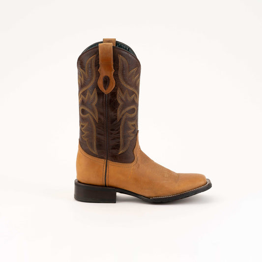 Men's Ferrini Kingston Leather Boots in tan leather with a dark brown embroidered shaft, square toe and block heel