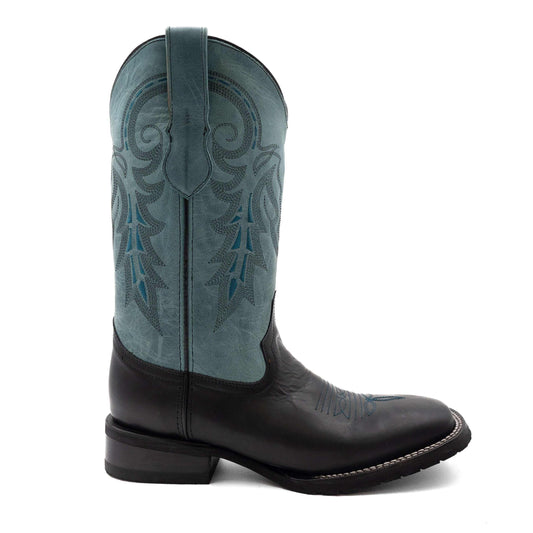 Men's Ferrini Maverick Leather Boots in black and blue leather, with embroidered shafts, square toes and contrast stitching