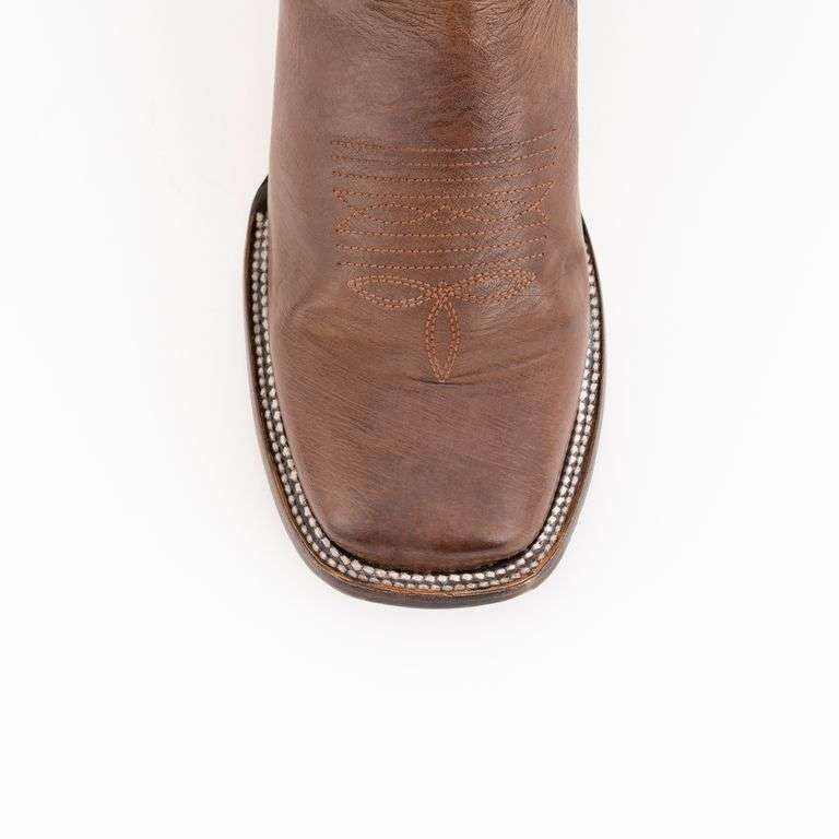 Men's Ferrini Morgan smooth ostrich boot in Kango brown leather, featuring a square toe and decorative stitched vamp