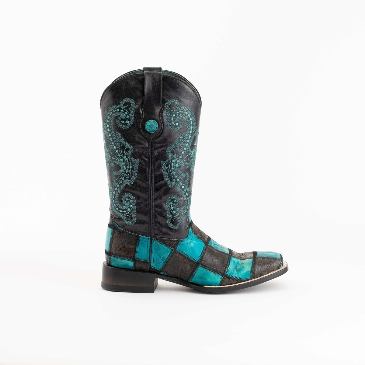 Men's Ferrini Patchwork Leather Boots in black and teal leather with turquoise stitching, ornamental embroidery and square toe