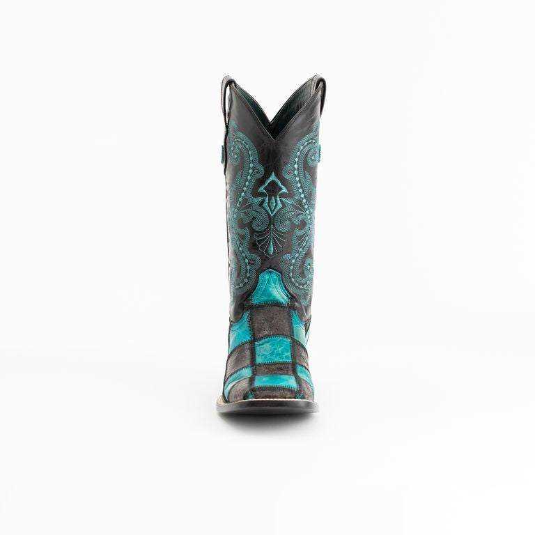 Men's Ferrini Patchwork Leather Boots in black and teal leather, with ornate stitched shafts, turquoise panels and square toes.