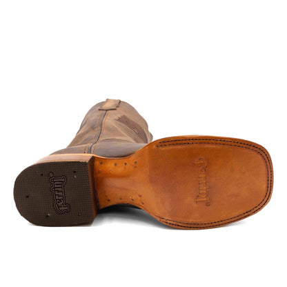 Men's Ferrini Patriot Leather Boots in brown leather, showing a smooth stitched sole and branded rubber heel.