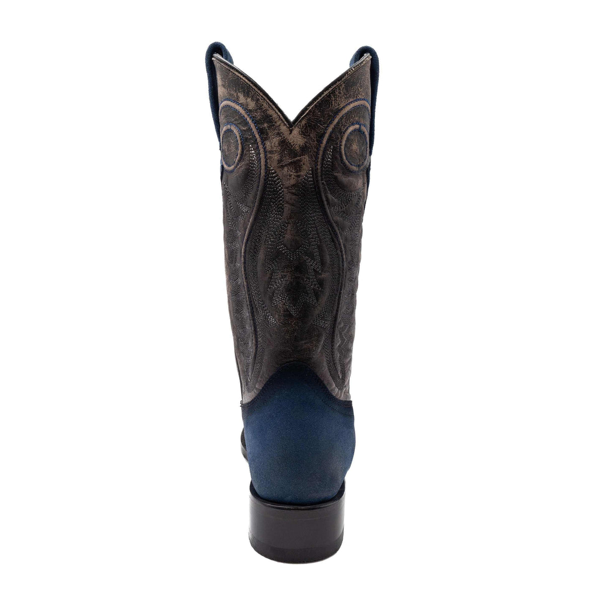 Men's Ferrini Roughrider Leather Boots in dark brown leather with blue accents, intricate stitched shaft and rounded heel